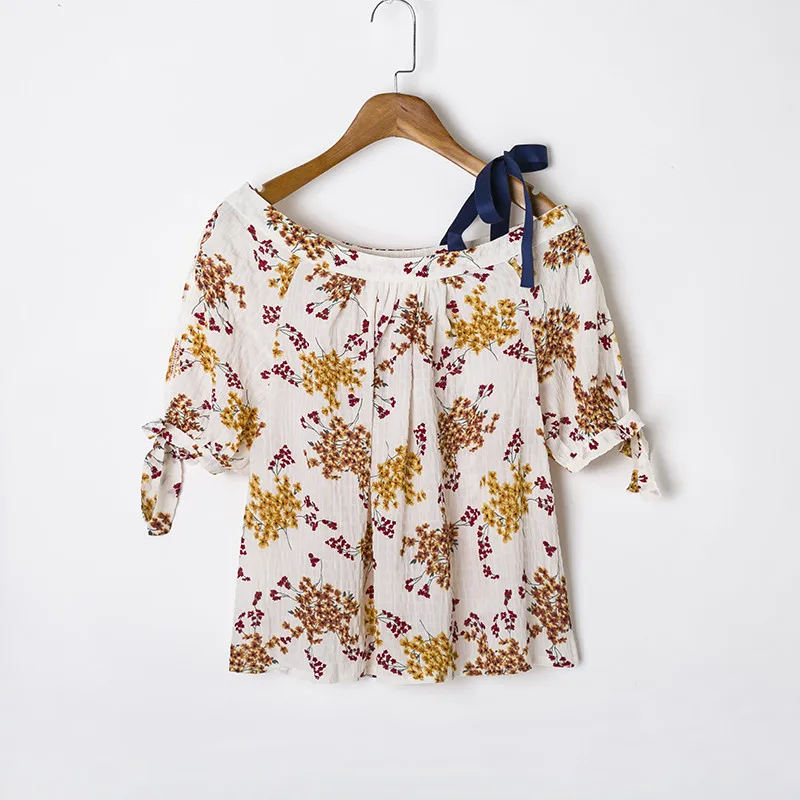 

2019 summer casual oblique floral shirt casual style multi-color three-season short-sleeved retro print female blouse