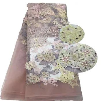 

French 3D flowers lace fabric with beads and Rhinestone Good quality African 3D stone lace fabric for special skirt HX715-1