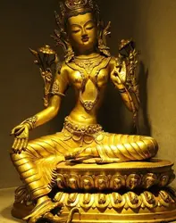 'Старый Тибет Буддизм Бронзовый 24 К Золото Gem Цветок Лотоса Зеленая Тара Статуя Будды