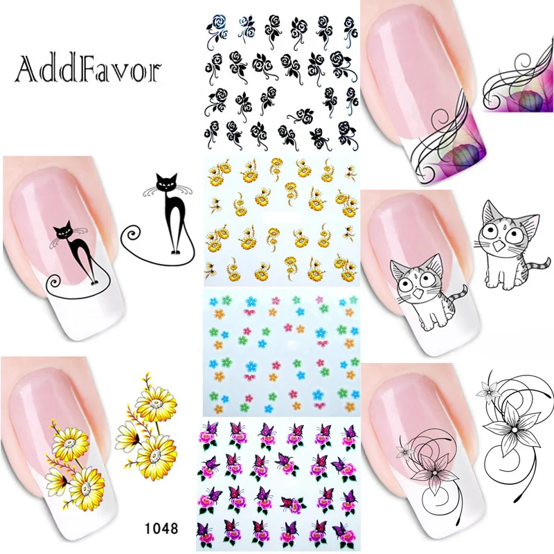 Addfavor, 2 листа, наклейки для дизайна ногтей, переводные наклейки с цветами, водостойкие, милый кот, сделай сам, инструменты для украшения ногтей