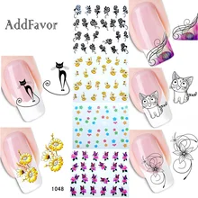 Addfavor, 2 листа, наклейки для дизайна ногтей, переводные наклейки с цветами, водостойкие, милый кот, сделай сам, инструменты для украшения ногтей