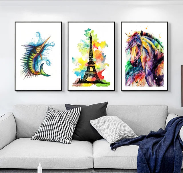 Gemälde Wohnzimmer, aquarell welt fliegende fische pferd eiffelturm 3 stücke leinwand, Design ideen