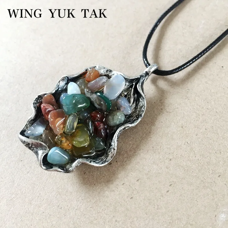 

wing yuk tak Unique Design 5 colors Fashion Silver Vintage Leaves Natural Stone Long Pendant Necklace Women