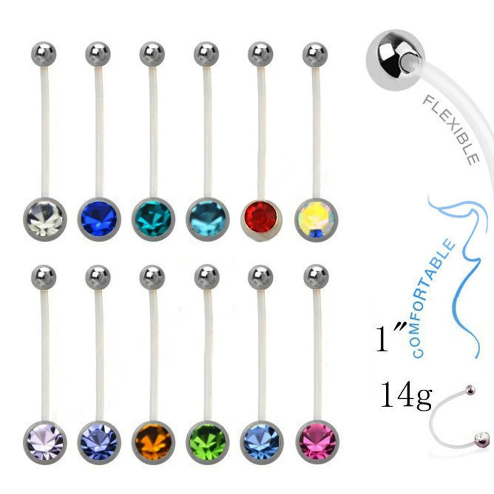 

12pieces Bio-Plastic Flexible CZ Crystal Belly Button Ring Pregnant Navel Piercing Comfortable Body Jewelry 14 Gauge