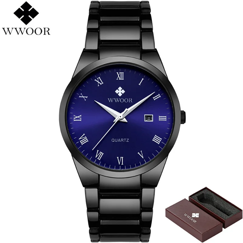 

WWOOR Men Watch Quartz Analog Calendar Date Wristwatch Stainless Steel Business Waterproof Watches 2019 Male Blue Clocks Gift #a