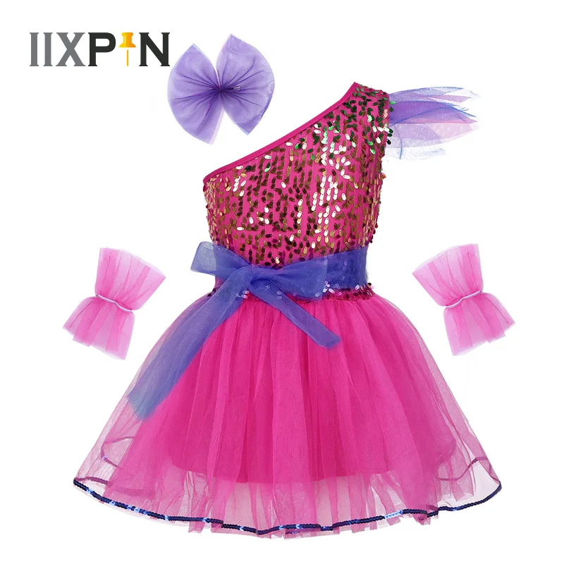 

IIXPIN Girls Jazz Dress Dance Costume One-Shoulder Sparkly Sequins Mesh Dress Hairclip Wristband Modern Contemporary Dance Dress