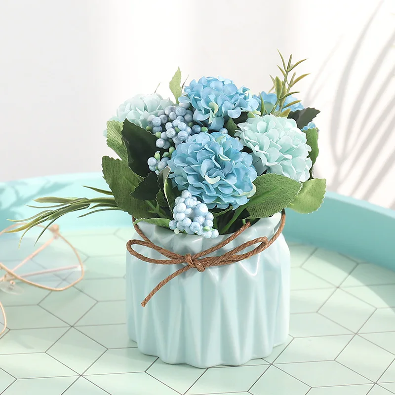 

Artificial Bonsai Silk Hydrangea Flower with Vase Fake Plants Potted Ornament for Home Desktop Decoration Supplies AQ127