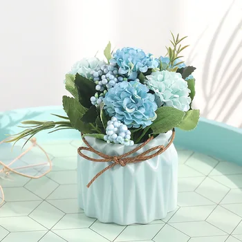 

Artificial Bonsai Silk Hydrangea Flower with Vase Fake Plants Potted Ornament for Home Desktop Decoration Supplies AQ127