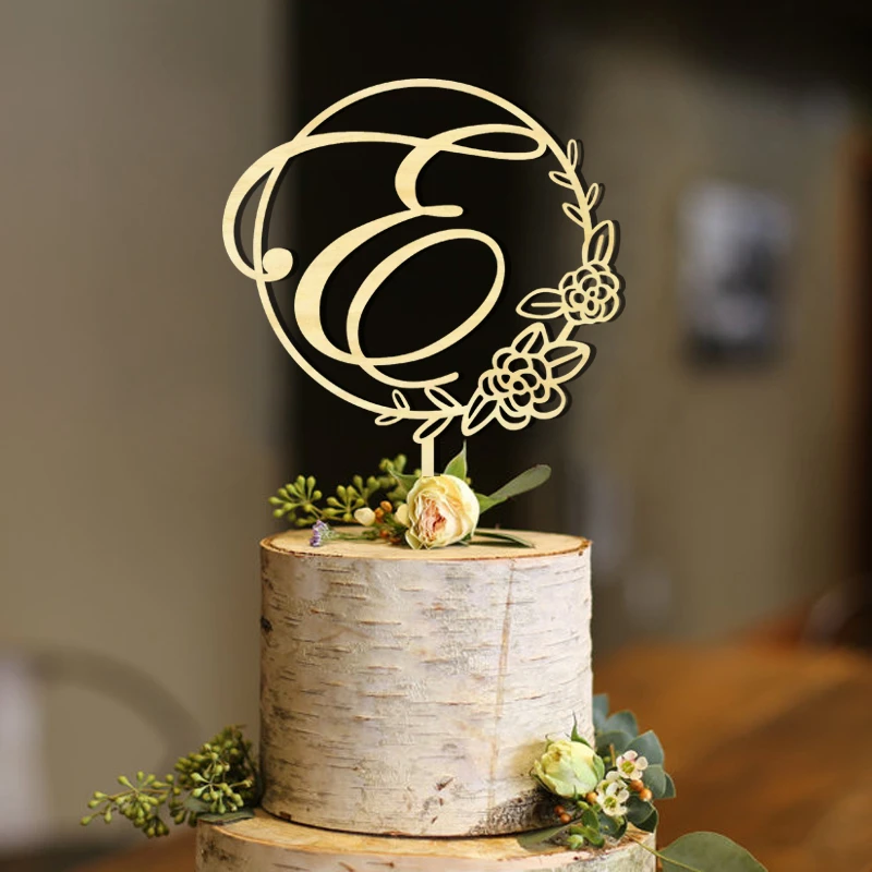 初期ハーフ花ケーキトッパー パーソナライズされた結婚式ケーキトッパー 素朴なトッパー 花輪イニシャルトッパーユニークなかわいいレーザーカット Cake Decorating Supplies Aliexpress