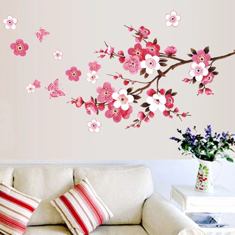 Виниловые наклейки на стену с изображением цветов персика и бабочки для комнаты