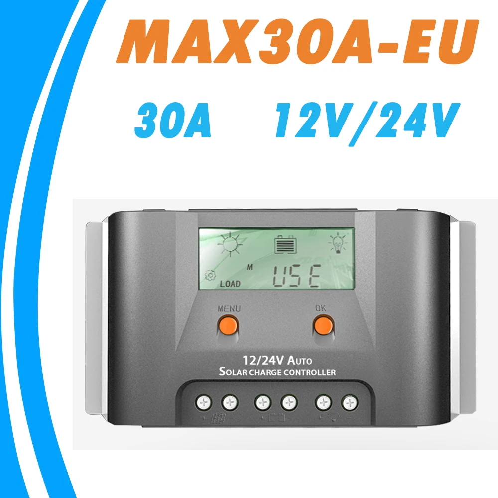 

30A Solar Charge Controller 12V 24V LCD Regulator Heat Sink External Temperature Sensor Real-time Energy Statistics Dual 5V USB