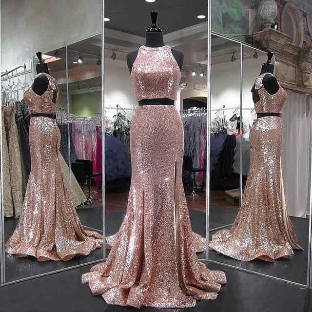 rose gold two piece prom dress