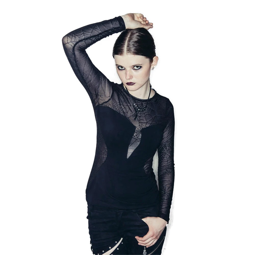

DEVIL FASHION Gothic spider web long sleeve Punk Women silk Slim fit t-shirts