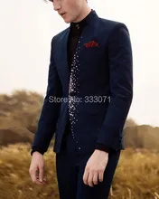 Custom Made Navy Blue With Rhinestones Beaded Groom Tuxedos Best Man Suit Wedding Groomsman Men Suits Bridegroom (Jacket+Pants)