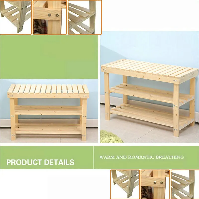 

80X29X46CM Solid Pine Wood Shoe Rack Shoe Shelf Storage Scoop Chair Of Nature Color