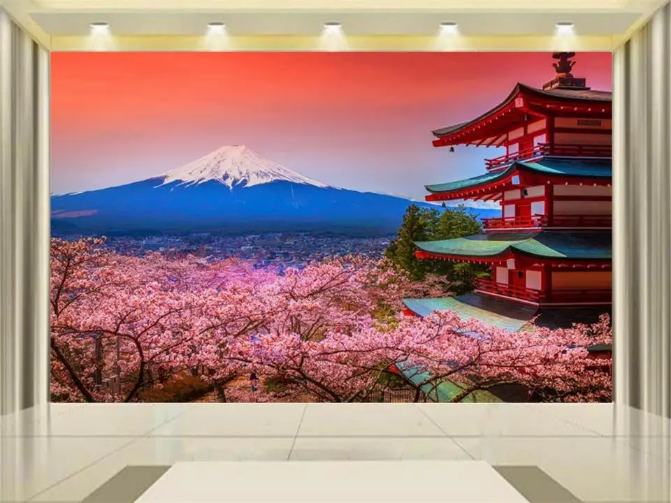

custom 3d photo wallpaper mural living room cherry Fuji mountain building 3d painting sofa TV background wall non-woven sticker
