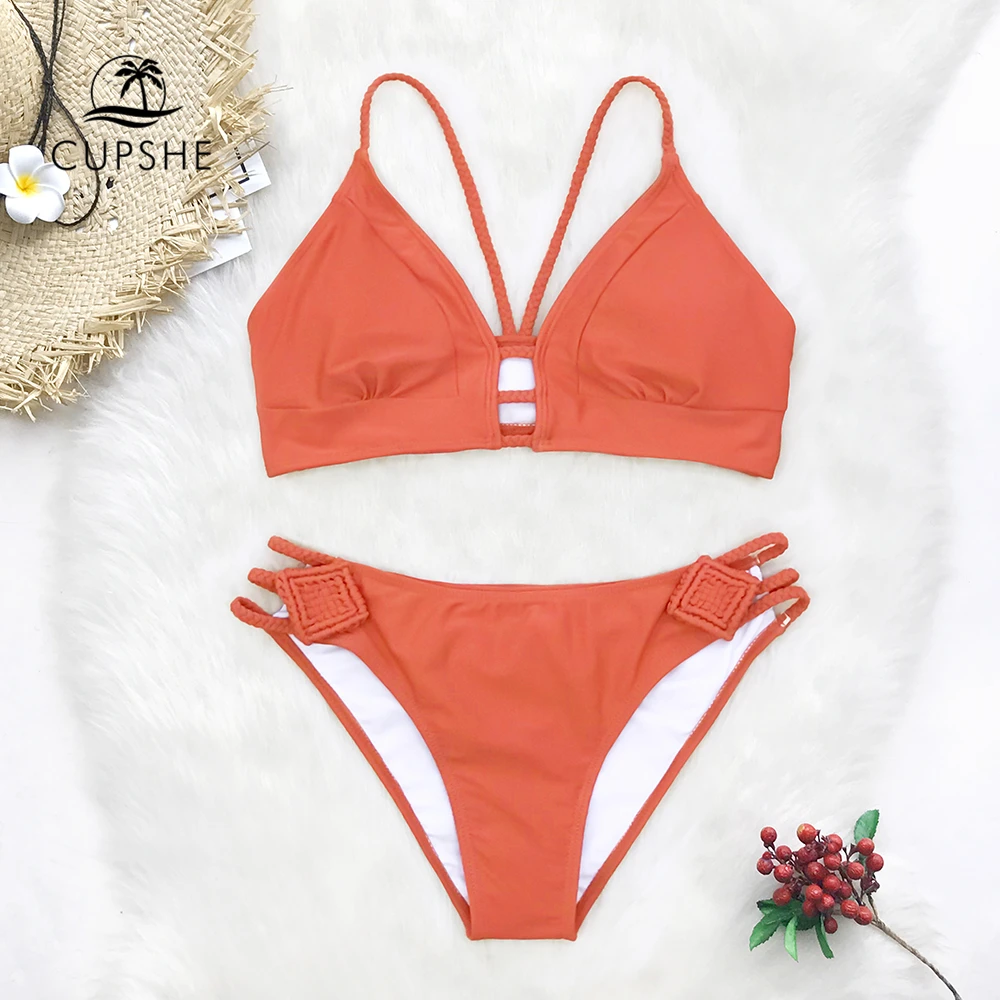 

CUPSHE Orange Braided Strap Bikini Sets Women Sexy Strappy Crochet Two Pieces Swimsuits 2019 Girl Solid Bathing Suits