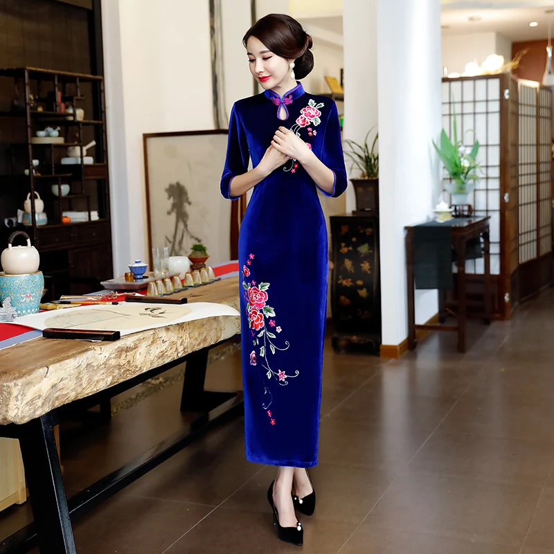 Plus Jlm Gsj Femmes Taille Gsj Jlm Blue Mince Partie Robes Longue De purple 2018 Printemps Style burgundy La Qipao Chinois Cru Velours Bouton Robe green 4xl Cheongsam hQrsdtC
