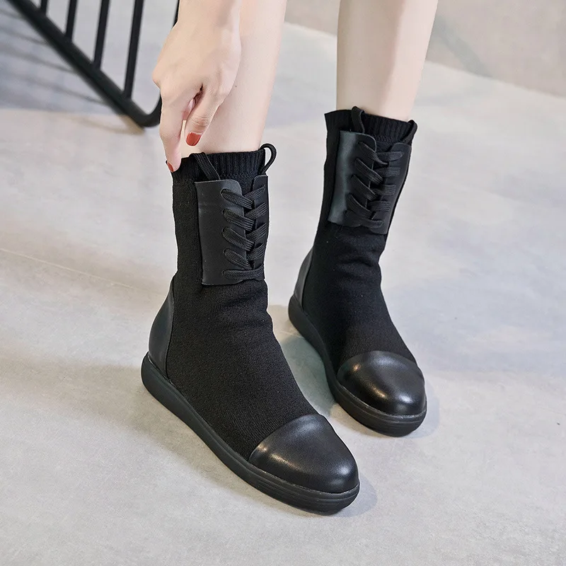 

MoBeiNi 2018 Autumn and winter booties leather high elastic socks boots in the tube casual student shoes women shoes Cross-tied