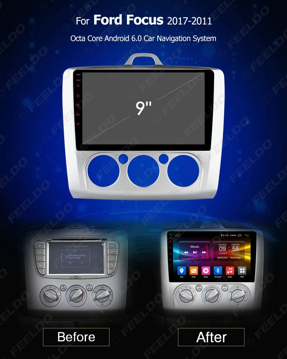 Excellent FEELDO 9 inch Android 6.0 (64bit)  Octa Core DDR3 2G/32G/ FDD 4G Car DVD GPS Radio Head Unit For Ford Focus 2007-2011 4
