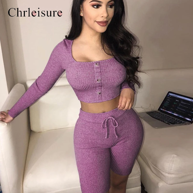 

Chrleisure Women Two Piece Set Crop Top Women Shorts Matching Sets Summer Vintage Streetwear Long Sleeve Push Up Lounge Wear Set