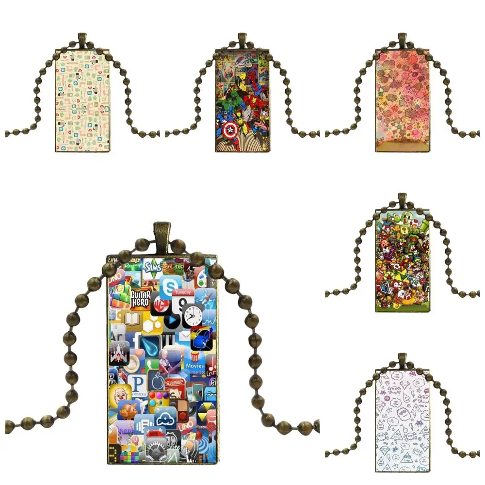 For Girls Gifts Fashion Cartoon Abstract Glass Cabochon Pendant Necklace Women Bronze Color Choker Rectangle | Украшения и