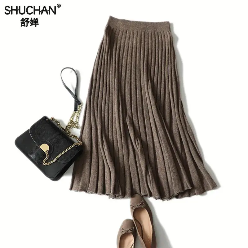 Shuchan, зимняя, плотная, кашемир, плиссированная юбка, высокая талия, женская вязаная юбка, уличная мода, женская длина