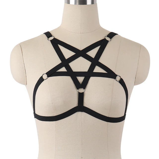 us $14 77 5% off women harness bra elastic strappy hollow out body harness caged bra cupless pentagram bra crop top strappy bralette in garters from