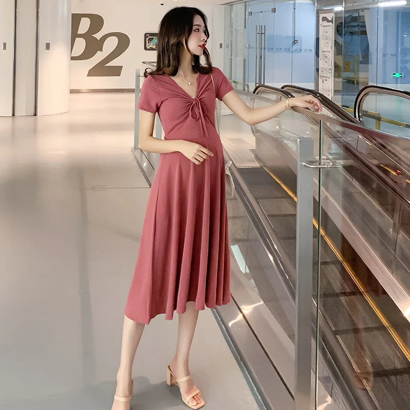 Pregnant dress neckline tie maternity gowns V-neck slimming women's clothing dresses Korean maternity clothes