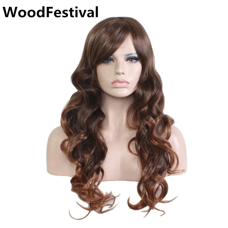 WoodFestival dark brown wig long hair wavy wig with bangs wigs for