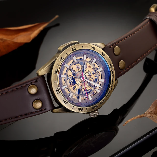 Watch Men Mechanical Automatic Watch Steampunk Skeleton Self Winding Mens Watches Retro Leather Wristwatch Clock montre homme -