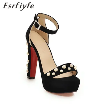 

ESRFIYFE 2018 New Handmade Women Sandals Square High Heels 12.5cm Pearl Black Open Toe Ankle Strap Sexy Office Party Sandals