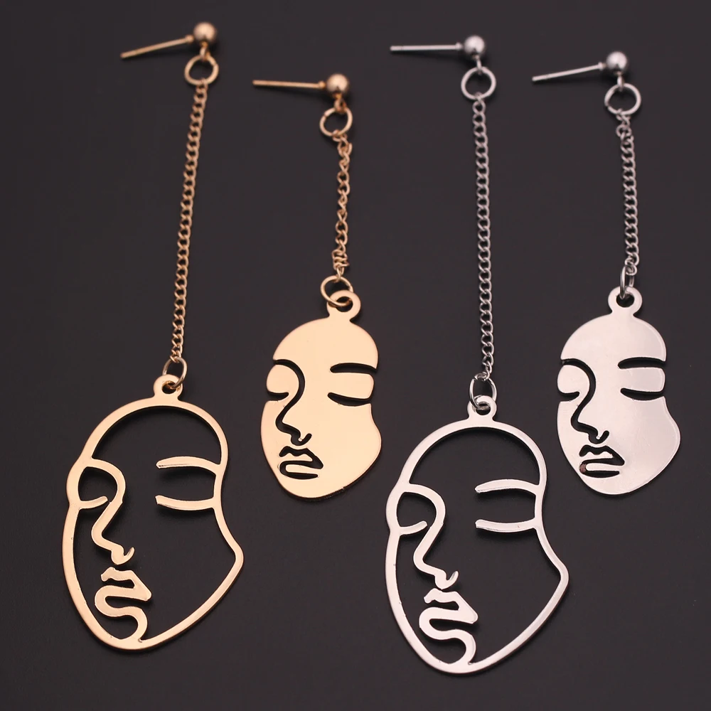 

New fashion gold silver hollow stitching asymmetric woman face head pendant drop earrings for women&girl personality jewelry