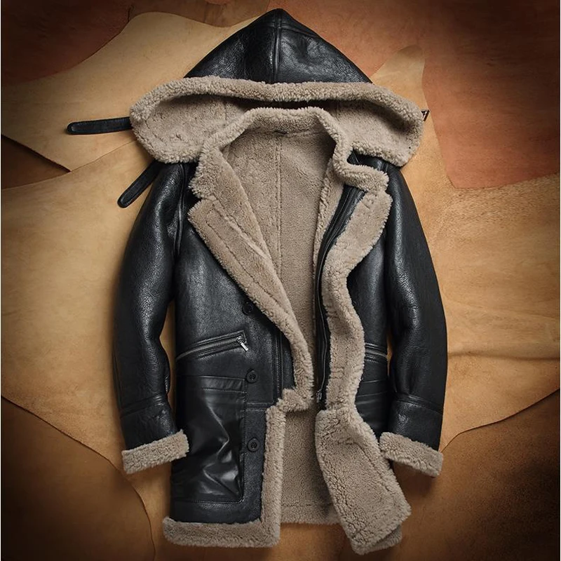 B3 B7 フライトジャケット男性のムートンジャケット迷彩グレーロングスタイルのレザージャケットマンシープスキンアビエイター毛皮のコート