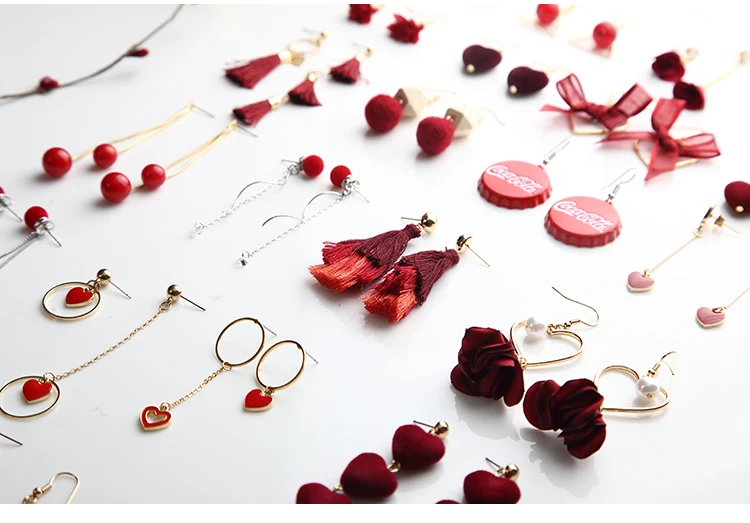 

68 Types Woman Dangle Earrings 1 Pair Ear Hook Red Series Color Heart Tassels Canvas Design Pearl Wedding Girl Gift