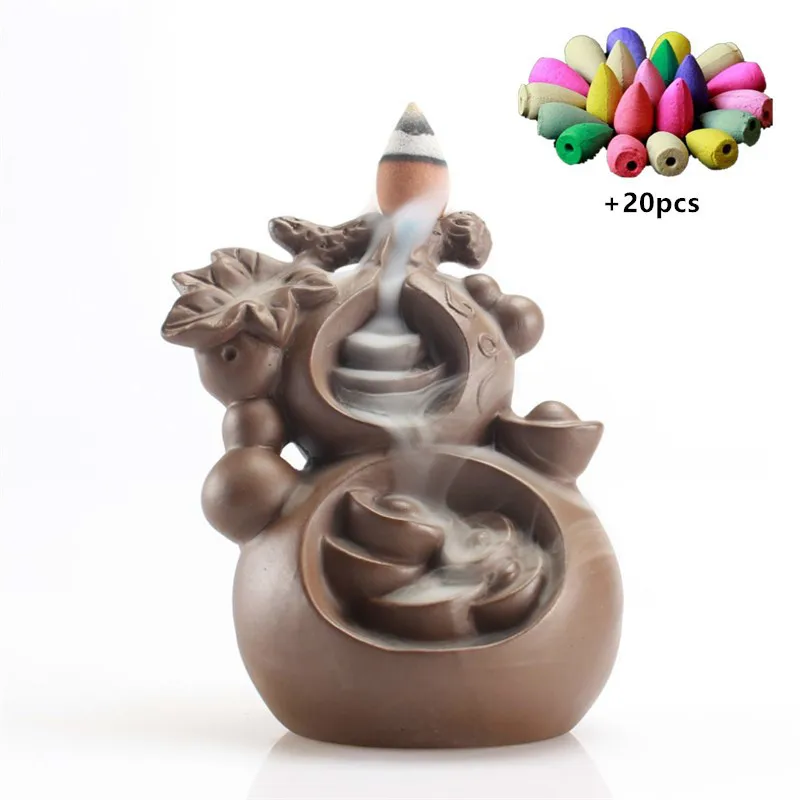 

Gourd Shaped Purple Clay Backflow Incense Burner Ceramic Creative Buddha Incense Censer Buddhist Supplies + 20pcs Incense Cones