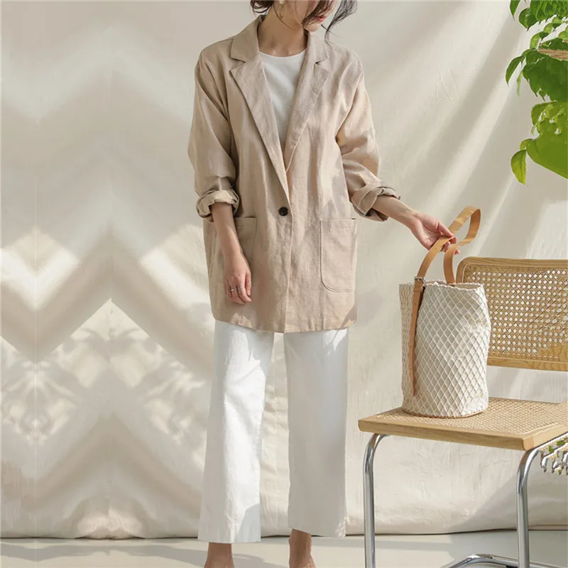 HziriP Summer Women Chic Simple Full Sleeves Single Button Office Ladies Fashion Vintage Loose All Match Blazer Large Size