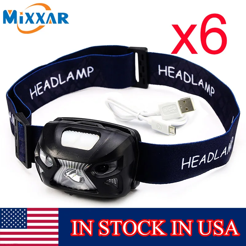

SZK20 mixxar Motion Sensor Switch LED Headlamp USB 8 Modes Rechargeable Running Camping 6PCS/Lot Headlight Head Torch Lamp Light