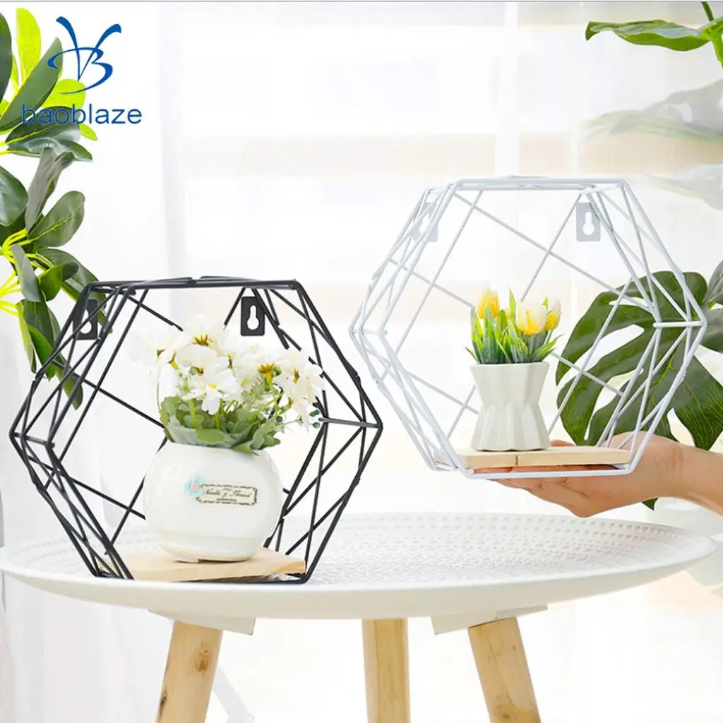 Baoblaze Hexagon Iron Wooden Wall Shelf Shadow Box Display Rack Shelf Storage Unit for Home Bedroom Balcony Passway