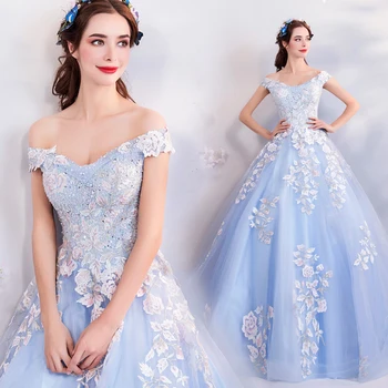 

2019 Light Blue Prom Dress Off Shoulder Sweet and Fresh Ball Gown Lace Appliques Performance Party Paqgeant Formal Dresses