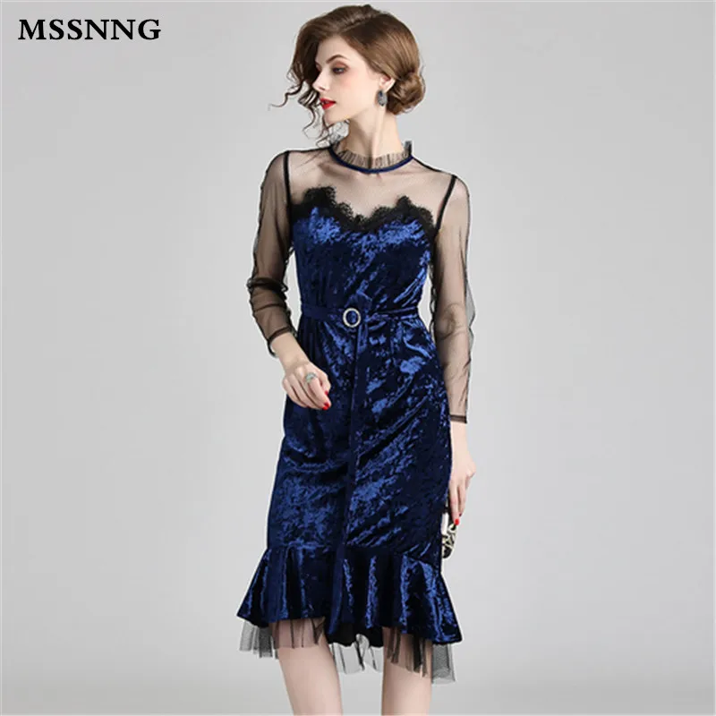 MSSNNG Goddess Mesh Velvet Fishtail Bodycon Dress 2019 Autumn Women Gothic Midi Party Dress Dames Kleding Ropa Mujer  (4)