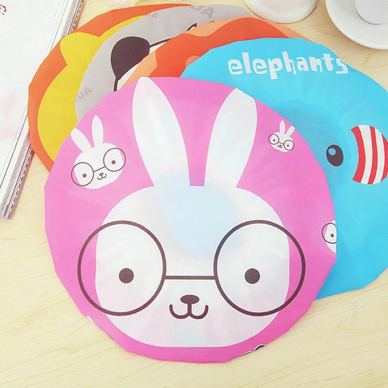 Cute Cartoon Shower Cap Hat For Baths & Saunas Lace Elastic Band SPA Cap Bathroom Accessories Women Girls Hair Protective Cap