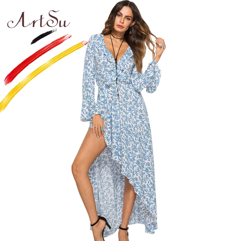 

ArtSu 2019 Spring Women Boho Floral Print Maxi Dress Flare Sleeve Ruffle V-Neck Sexy Long Mermaid Dress Beach Vestidos Mujer