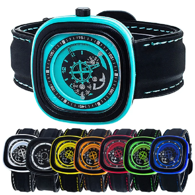 New! Fashion Quartz Sports Wrist Watch with Square Turnplate Dial Candy Color Faux Leather Band
