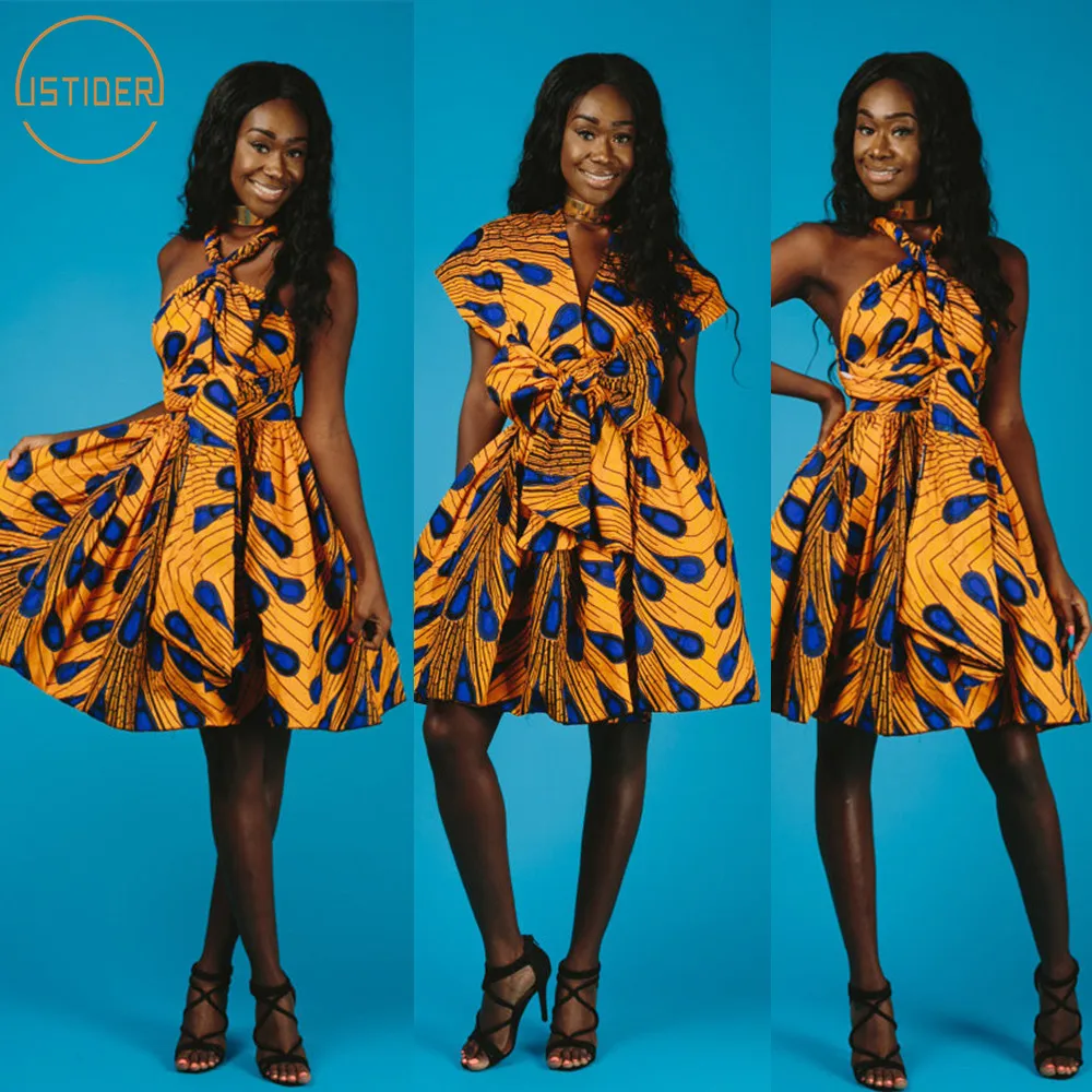 

ISTider Sexy Peacock Print Evening African Dresses for Women Retro Style Cross Bandage Dress Ladies Traditional Africa Clothing