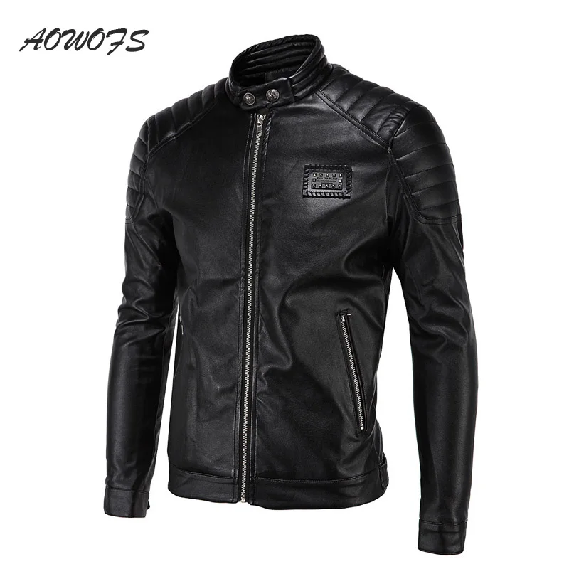 

AOWOFS Fashion Leather Jackets Men Spring Autumn Vintage Motorcycle Leather Men Coats Slim Fit Stand Collar PP Brand Clothes 5XL