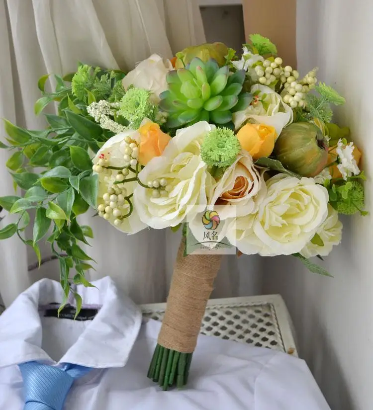 Handmade flor artificial da flor do casamento do vintage Rosas brancas amarelo planta verde