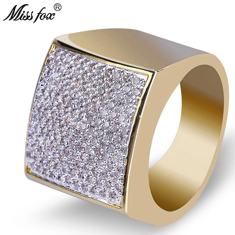 

HOT!!! Hip Hop Square 18k Gold Rings Men Luxury Brand Quality Micro Pave Cubic Zirconia Mens Rings Trendy Wedding Bulgaria Ring