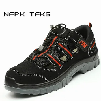 

large size mens casual steel toe cap working safety summer shoes soft cow leather sandals puncture proof platform security boots