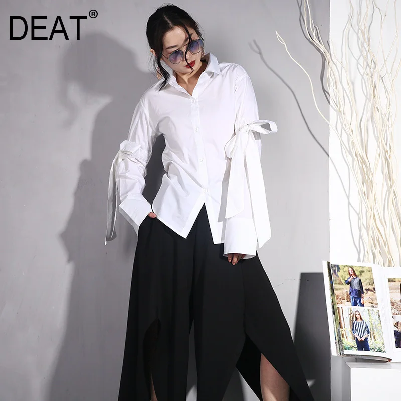 DEAT 2020 New Spring Summer White Long Sleeve Turn-down Collar Bow Single Breasted Women Fashion Tie Wild Shirt Blouse LA67 | Женская